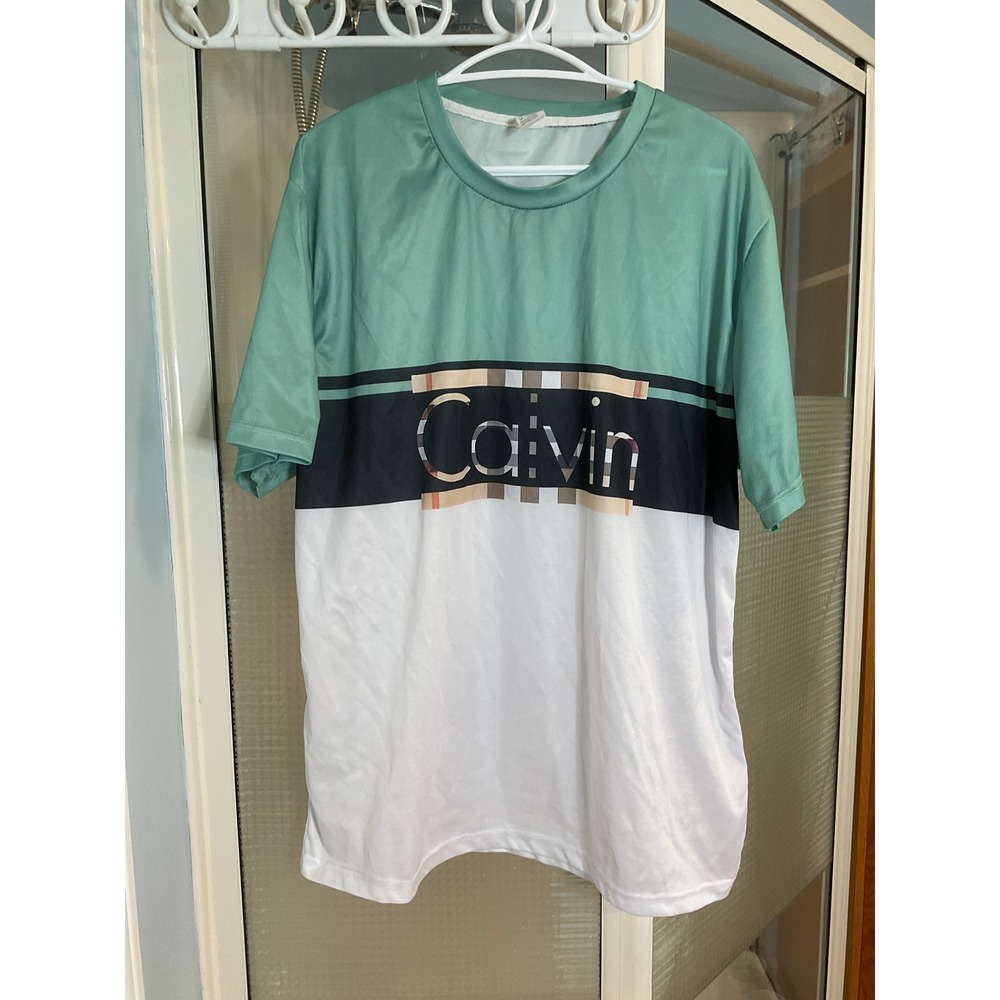 Calvin Graphic T-Shirt Mens XXL Green White Excellent Colorblock Mesh Tee